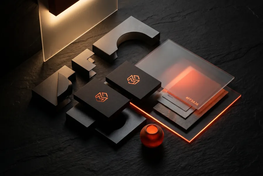 Premium brand identity moodboard, ember accents
