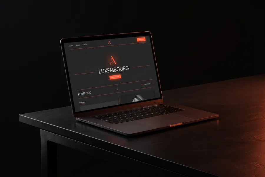 Premium animated website on a laptop, ember accents
